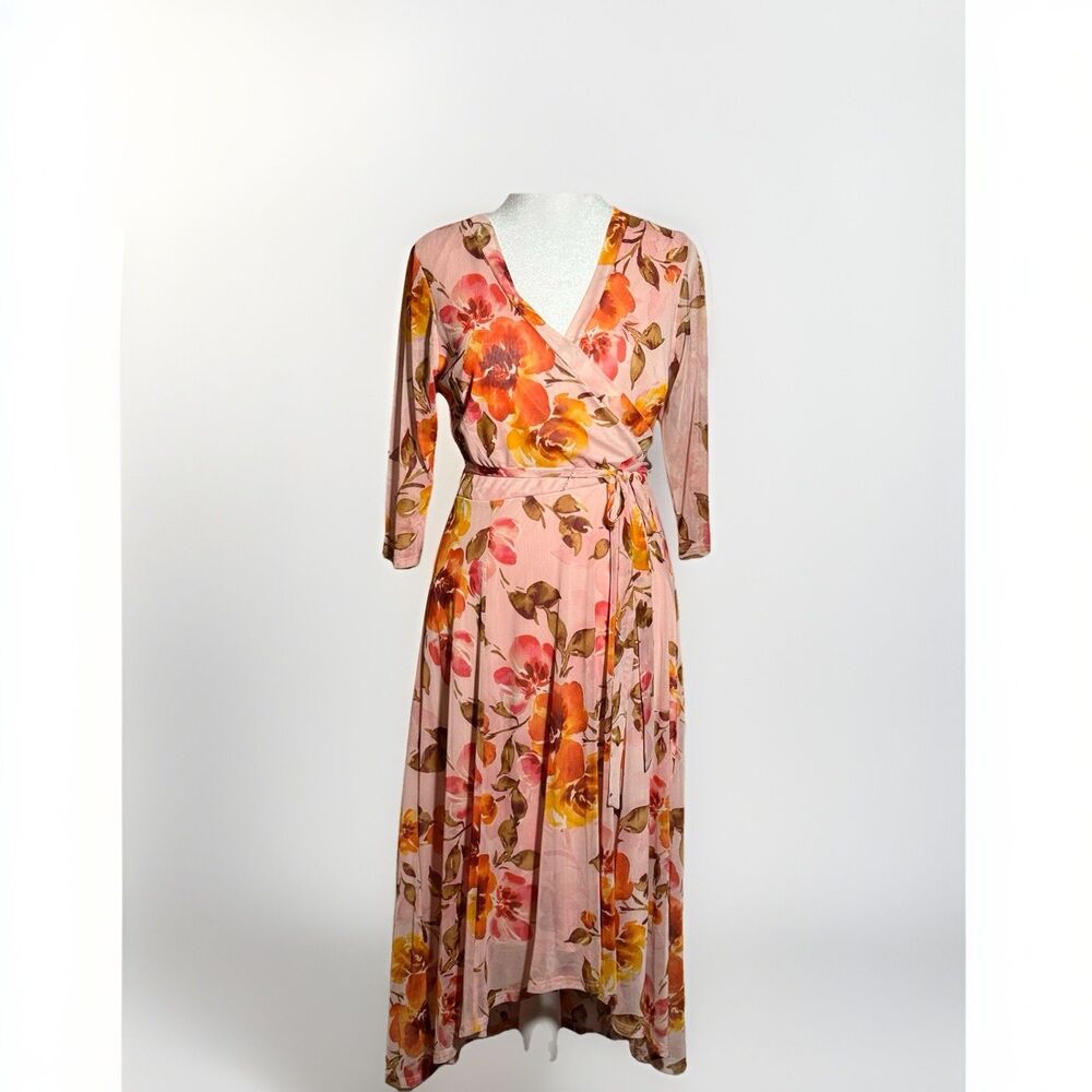 Stella & Julie Pink Floral Wrap Dress Size 6 Midi 3/4 Sleeve Tie Waist Summer